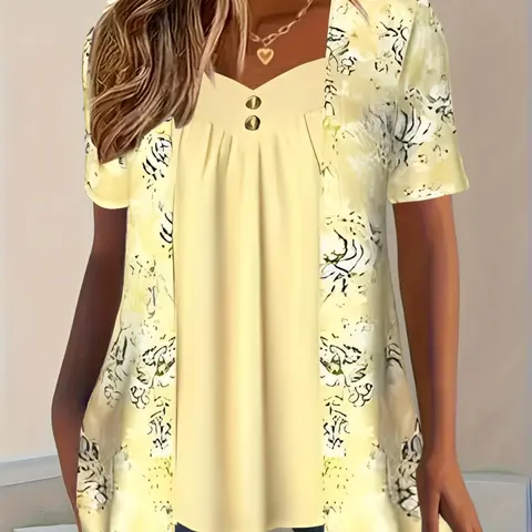 【plus Size】 Floral Print  Tee, Botanical Tee, Casual Short Sleeve T-shirt for Daily Wear, Women Plus Clothing for Summer, Top, Shorts Sleeve Top