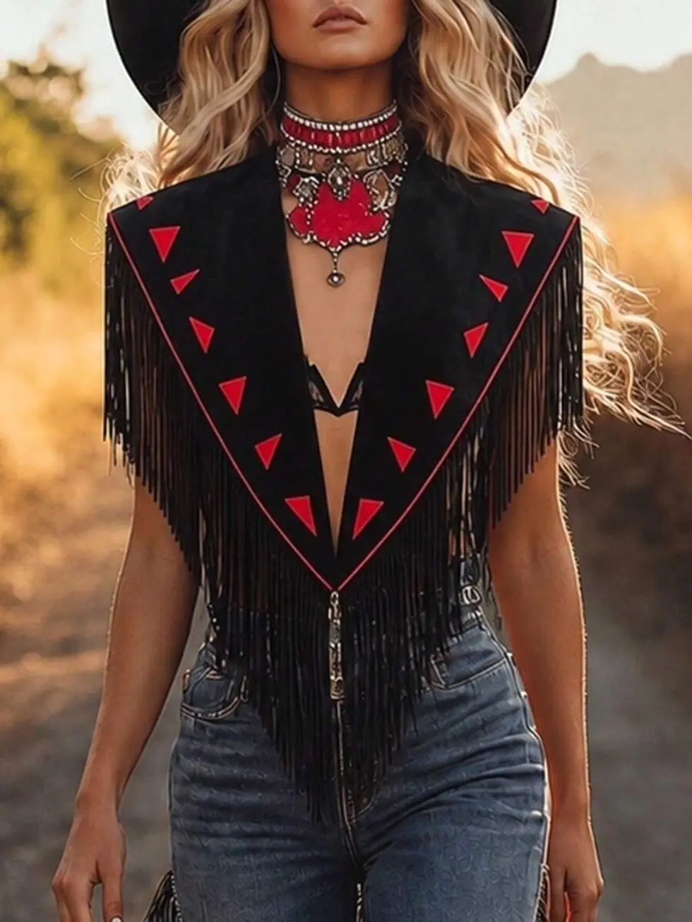 Western Fringe Vest, Sleeveless Open Front Waistcoat With Triangle Trim, Trendy Festival Party Outfit