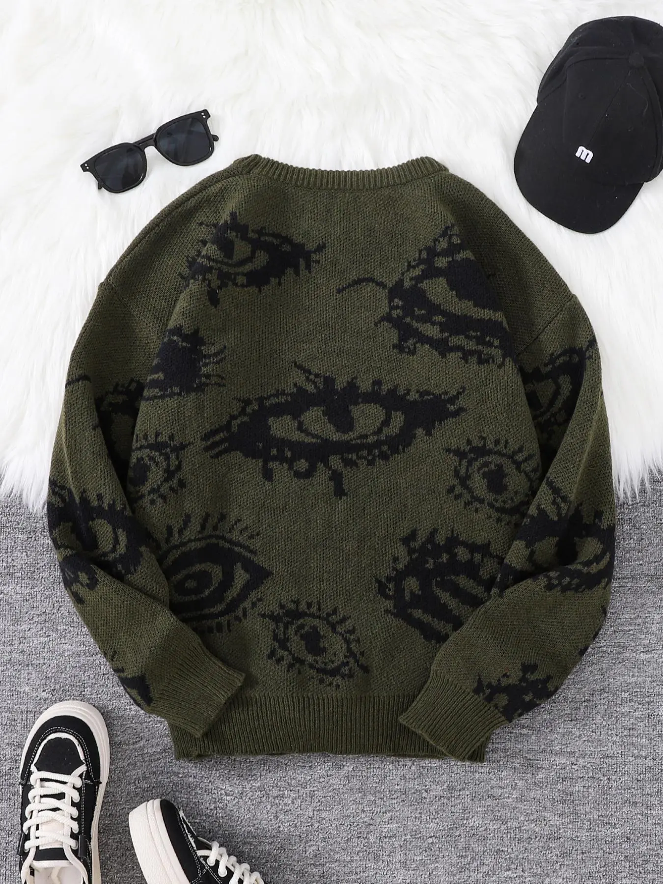 Men's All Over Eye Graphic Print Drop Shoulder Jacquard Sweater, Regular Fit Casual Comfy Design Pullover Stretch Long Sleeve Round Neck Jumper, Men's Fall & Winter Fitted Knitwear for Daily Wear