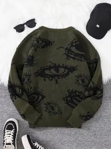 Men's All Over Eye Graphic Print Drop Shoulder Jacquard Sweater, Regular Fit Casual Comfy Pullover Stretch Long Sleeve Round Neck Jumper, Men's Fall & Winter Fitted Knitwear for Daily Wear