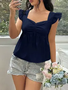 Women's Loose Fit Shirred Hem T-Shirt Blouse, Casual Summer Sweet Aesthetic Style Back Tie Short Sleeve Top, Comfortable Fashion Everyday Wear Womenswear Lady