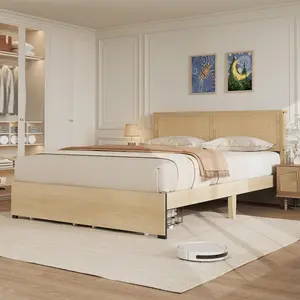 Boho Modern King Platform Bed with Elegant Natural Rattan Cane Headboard, Spacious King Bed Frame Featuring 2 Convenient Underbed Storage Drawers, Reinforced Solid Wood Slat Support, Quiet Noise-Free Design No Box Spring Needed