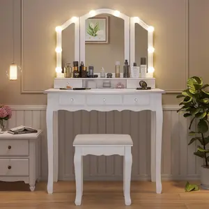 Sikaic Makeup Vanity with Lighted Mirror and Stool, Vanity Table Set with 5 Drawers, 3 Light Settings, White Furniture Bedroom