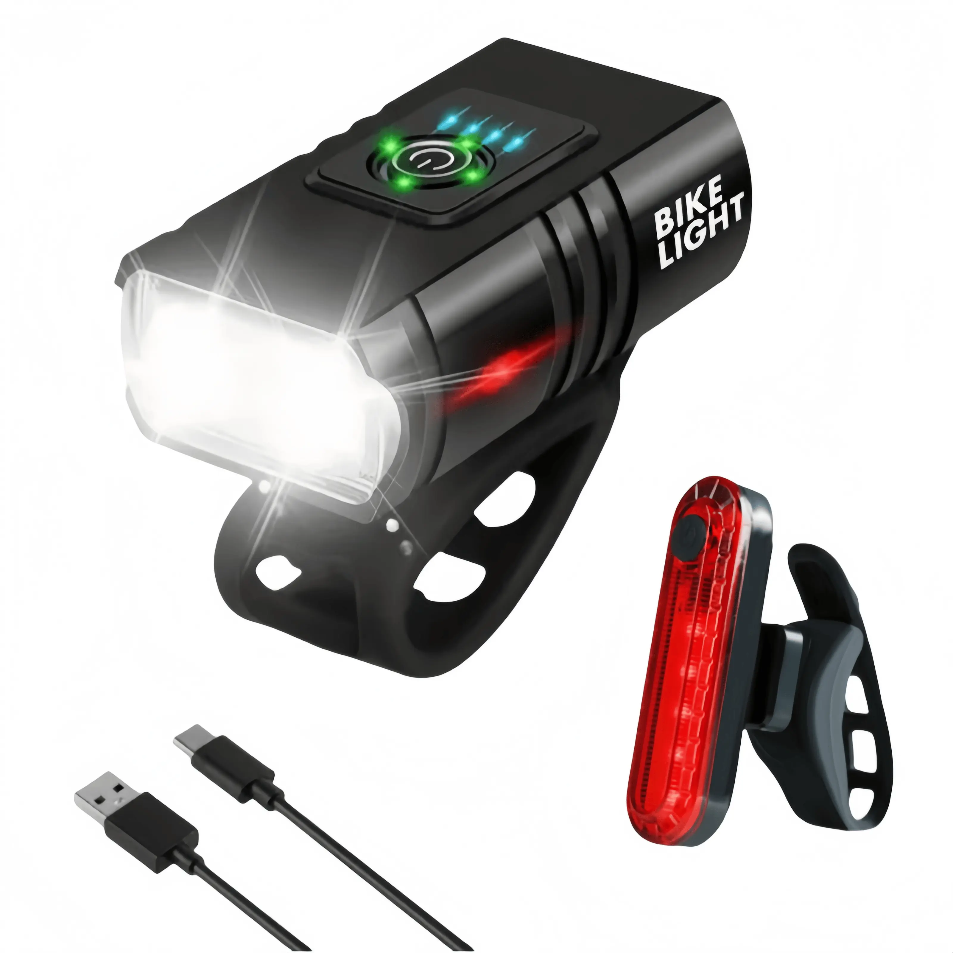 Aluminum Bicycle Light Set for Night Riding, USB-C Fast Charging Front and Rear Lights with Multiple Modes, Compact Ebike Accessories with Adjustable Strap
