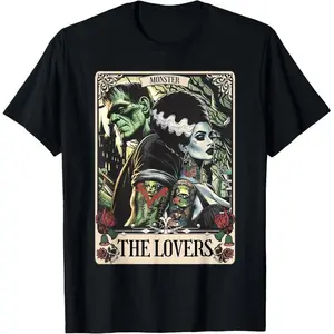 100   % cotton The Monster Frankenstein And Bride The Lovers Tarot Card T-Shirt