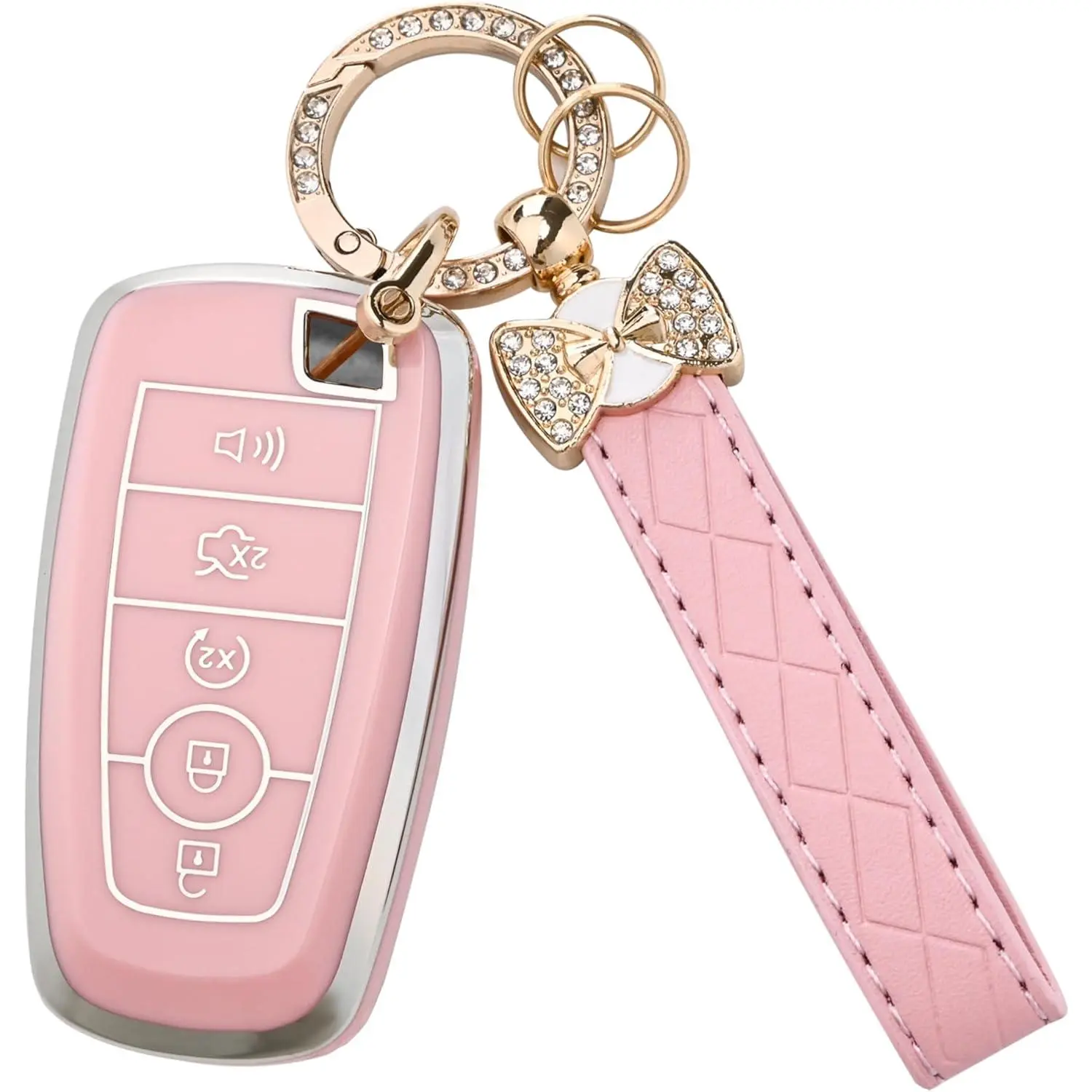 for Ford Key Fob Cover with Keychain, Soft TPU Key Case Shell for F150 F250 F350 Mustang Bronco Explorer Escape Edge Expedition Maverick Ranger Lincoln Smart Remote Key(Pink), Car Key Protector