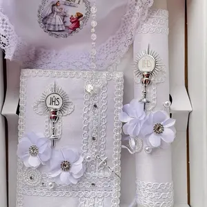 First Communion Candle Set with 8”Candle, Rosary, New Testament & Decorative Elements in Box for Boys and Girls English & Spanish white