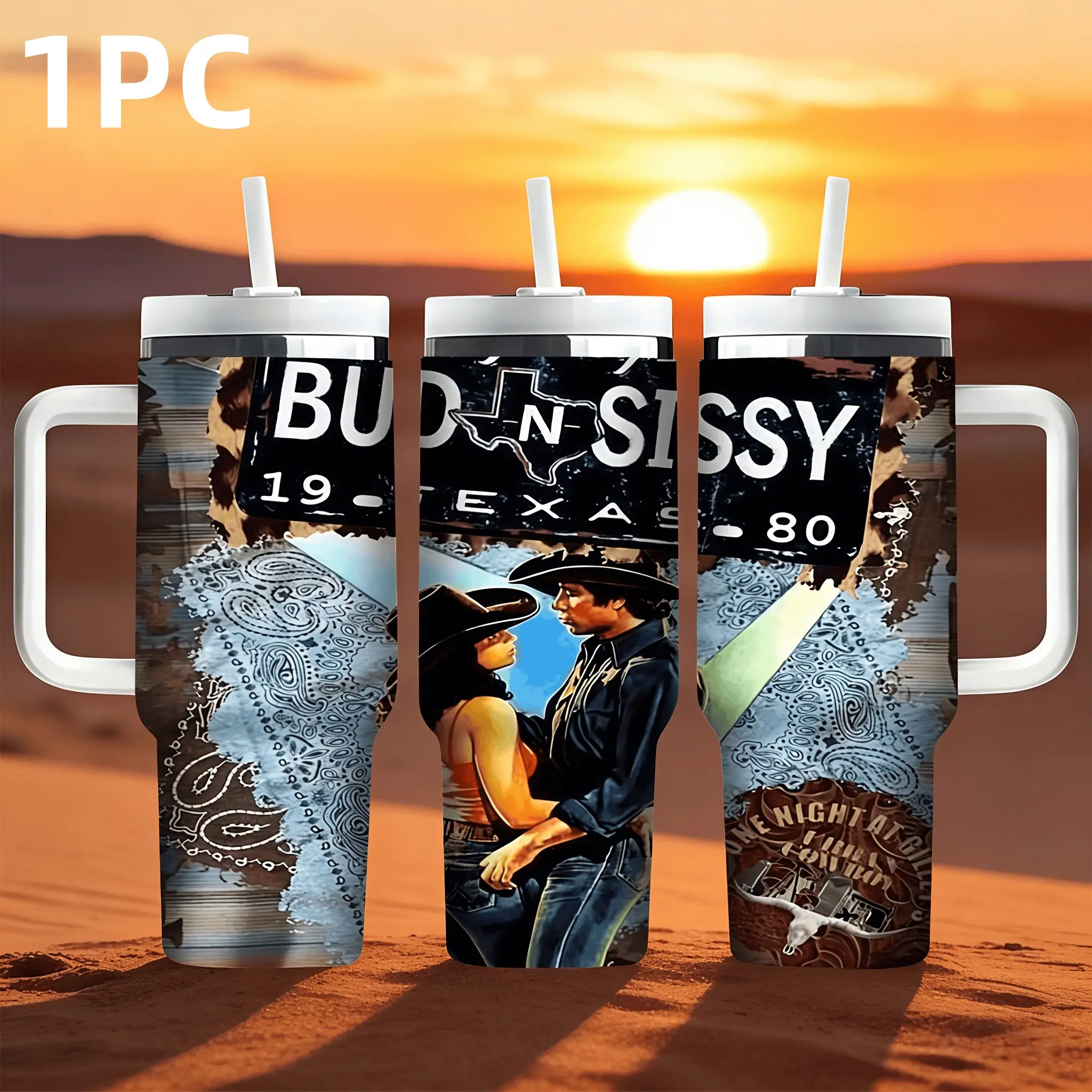 1pc 40oz Gilley's Texas Cowboy Couple Theme Stainless Steel Insulated cup with handle and straw. Large capacity portable car water bottle. An exquisite gift suitable for those who love western culture. Drinkware