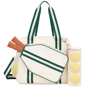 Movker Pickleball Tote Bag for Women Men with Paddle Cover Pocket External Ball Bag and Adjustable Shoulder Strap Beige Green Stripes Fence Hook