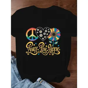Man&Womens Peace Love Hippie Graphic Tee Short Sleeve Crew Neck Vintage Boho Rainbow Daisy Sunflower Print Casual Summer Festival Streetwear Top