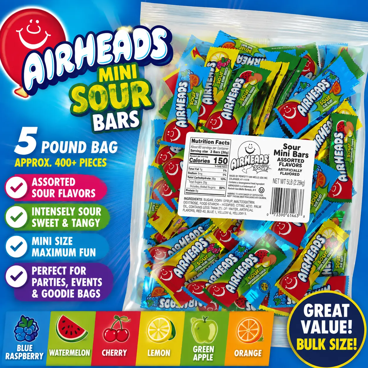 Airheads Mini Sour Bars Assorted Flavors 5 lb Bulk Bag  Soft & Chewy Sour Candy Bars | Bulk Party Treats & Candy Buffets
