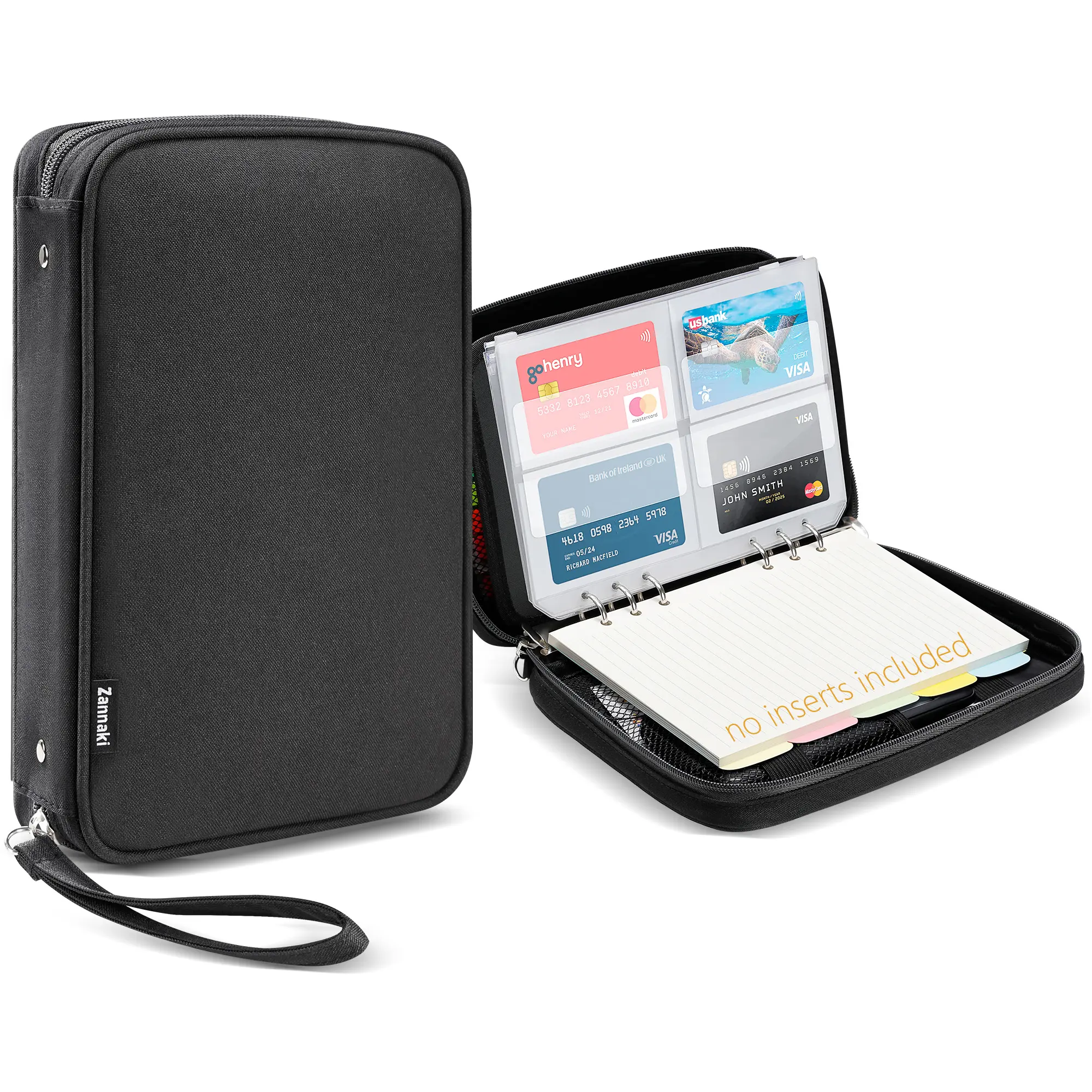 Zannaki A5 6-Ring Robust Zipper Binder - Compact Cash & Document Organizer, Refillable Personal Planner Cover Case for School Office Supplies, Black Security Notebook Shell