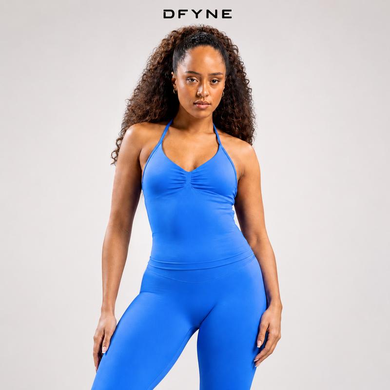 Women's Dfyne Fitted Seamless Halter Sports Bra - Matte Padded Crop Top, 4-Way Stretch Fabric, Breathable, Removable Padding, Fixed Neck-Shoulder Straps, Multi-Size, for Dance, Fitness Sports, Athletic Athleisure Outfits