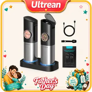 Ultrean Electric Salt & Pepper Grinder Sets, 2pcs Rechargeable, Adjustable, Modern Stainless Steel Construction, Seasoning Auto Dust Lids, LED one-hand operation Kitchen Utensils