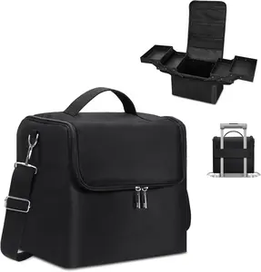 Large Makeup Carrying Train Case for Women, Black Travel Bag Storage Box,4 Tier Professional Nail Organizer Case with Adjustable Dividers for Nail Tools Jewelry MakeUp Brushes