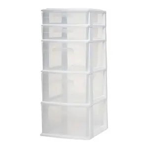 Homz Plastic 5 Drawer Medium Home Storage Cart, White Frame with Clear Drawer