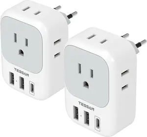 TESSAN European Plug Adapter USB C 2 Pack with 4 Outlets & 3 USB Chargers for Italy Spain France Portugal Iceland Germany Grey White