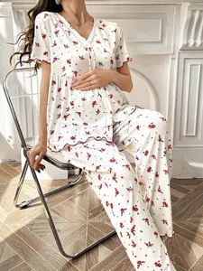 Women's Casual Elegant Maternity Set, Short Sleeve Long Pants Two-Piece, Comfortable Home Wear for All Seasons