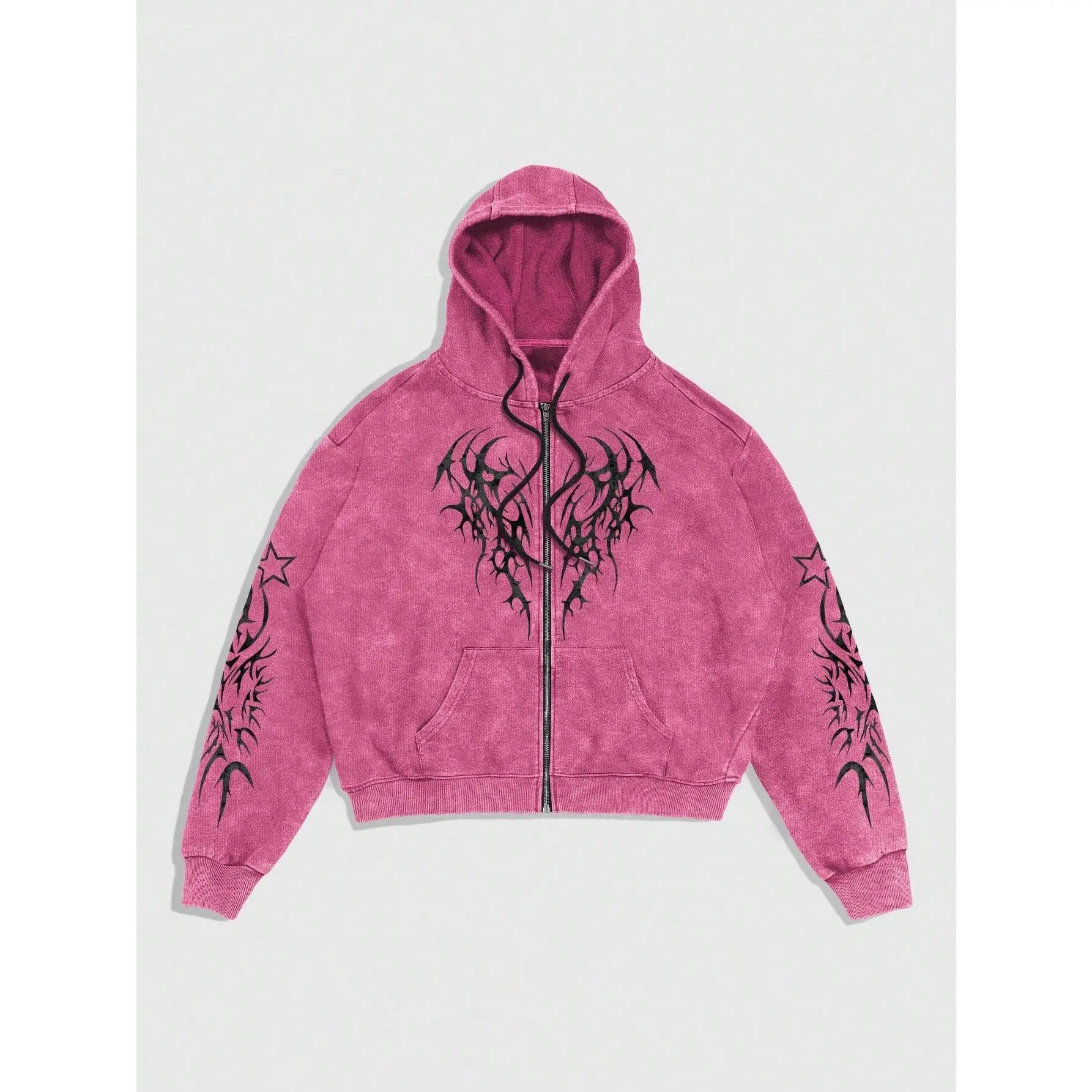 Y2K Hoodies Gothic Graphic Zip Up Long Sleeve Drop Shoulder Hooded Sweatshirt