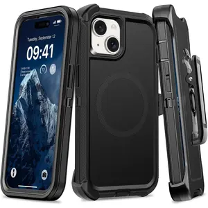 Magnetic Case for iPhone 13 Case/iPhone 14 Case/iPhone 15 Case with Belt Clip Holster, Heavy Duty Protective Phone Case, Shockproof Magnetic Phone Cover for iPhone 15 6.1" Dark Black