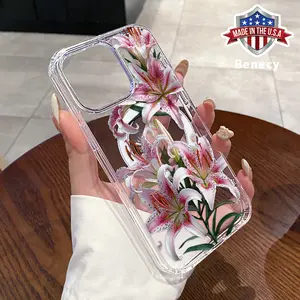 Magnetic Soft Case for iPhone 15 16 14 Pro Max 13 12 11 XR XS Plus E Floral Grace Pattern Anti-Yellowing Shockproof ultra-thin Silicone Crystal Transparent Acrylic Large Hole Cover Supports Wireless Charging