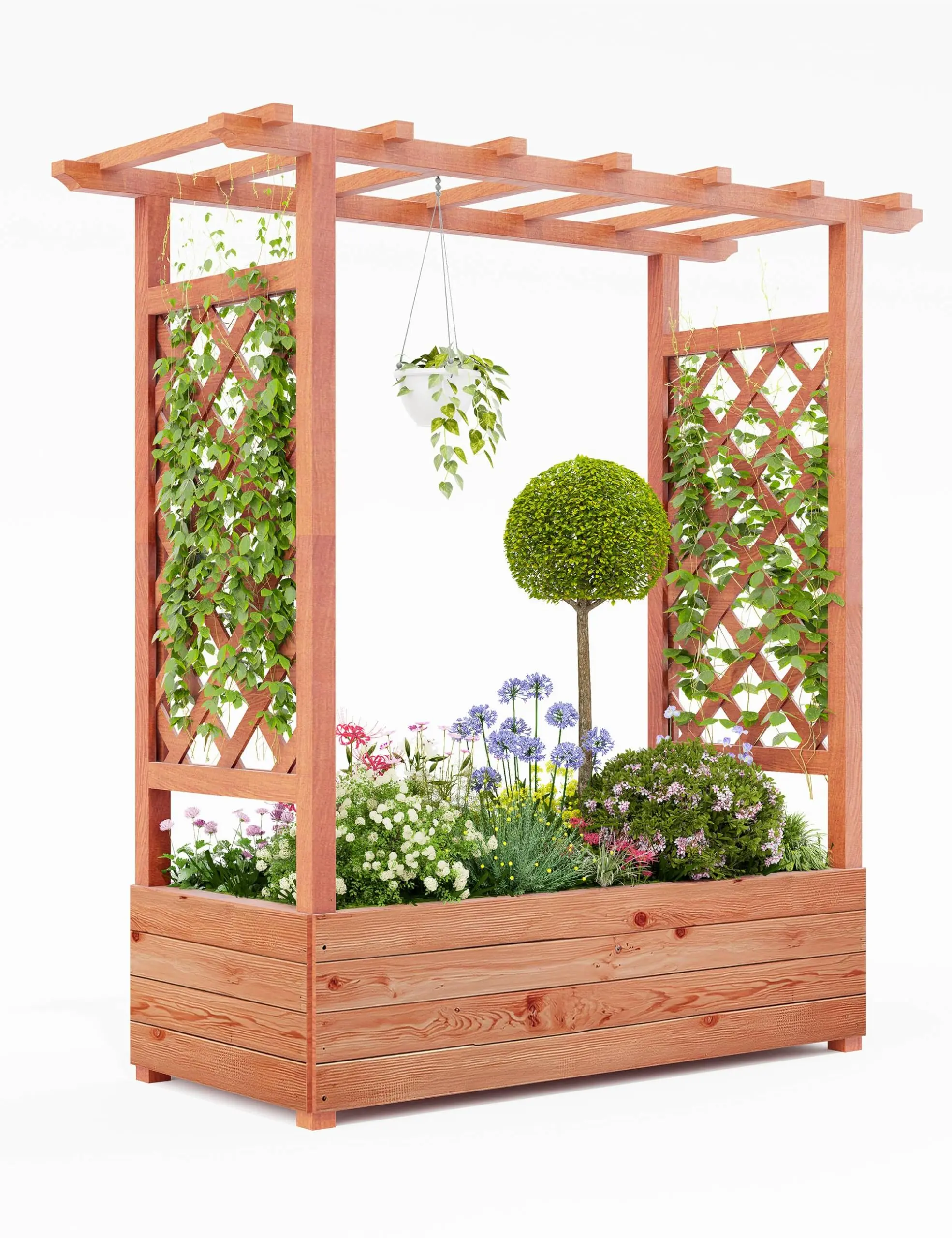 Wooden Elevated Garden Planter Box with Trellis, Sturdy Side Supports, Protective Canopy & 4 Drainage Holes,for Climbing Plants, Flowering Vines, Vegetables & Blossoms - Outdoor/Indoor