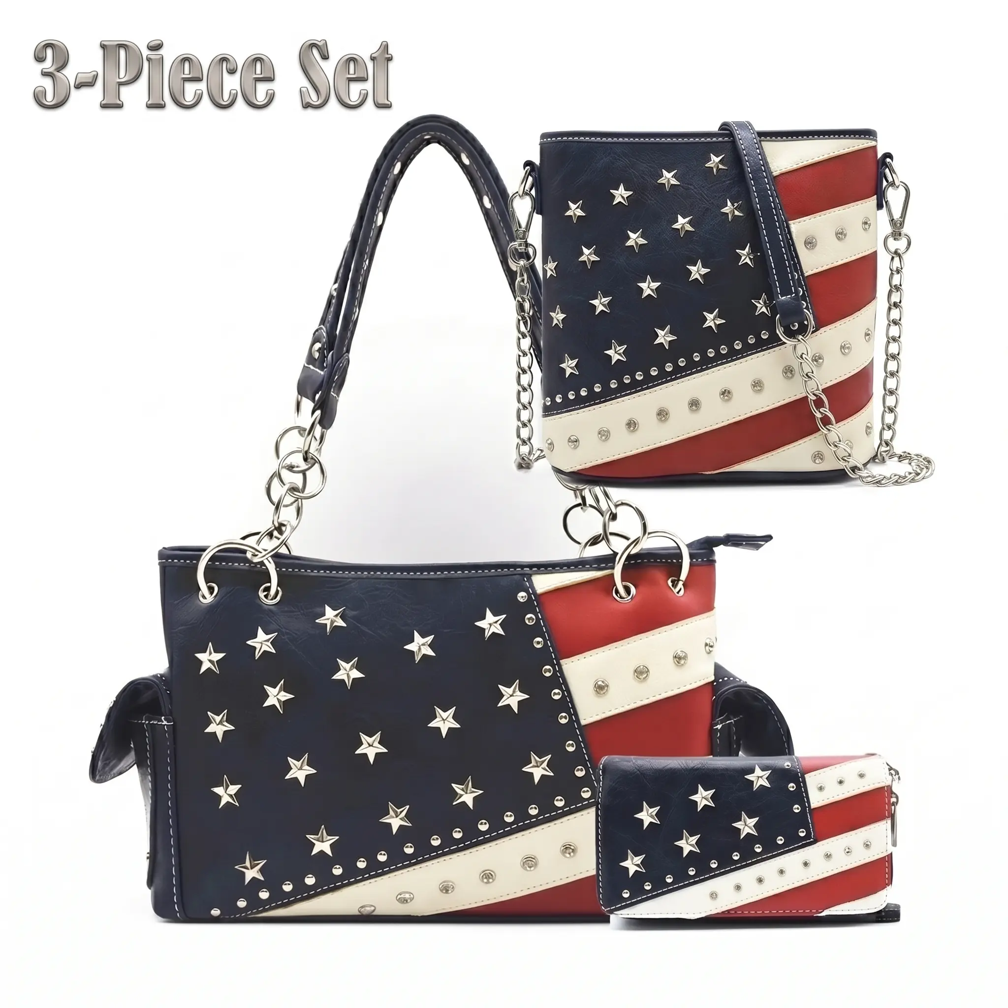 WESTERN SPIRIT Cowgirl Trendy Western Origin USA 250th Anniversary Flag Purse & Wallet Set, July 4th Patriotic Shoulder Bag, Red White Blue Crossbody with Star Studded Rhinestones, 3-Piece Set