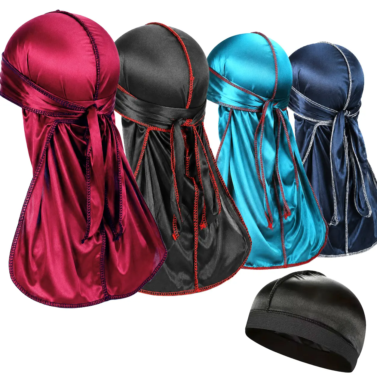 Men's 5-Piece Silky Satin Durag & Wave Cap Set - 4 Durags with Long Tail Tie, 1 Stretchy Black Wave Cap for 360 Training, Hair Maintenance, Moisture Retention, Protection & Minimizing Frizz, Minimize, Brushing, Wolfing, Smooth, Male, Night Wear, Durag Set