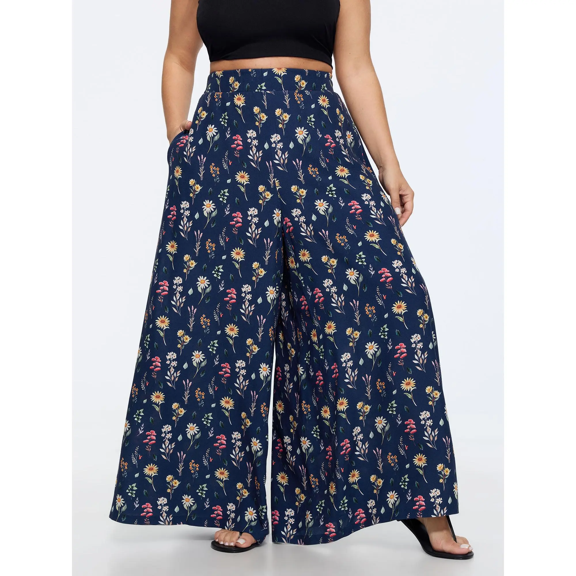 BloomChic Women's Plus Size Ditsy Floral Print Stretchy Waist Wide Leg Pants, Pants for Women, Size M-6X, 2026 Summer Outfits
