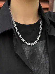 Men and Women Stainless Steel Silver Color Byzantine Chain Ring Necklace, 6mm Wide 21cm Long Bracelet, Minimalist Jewelry Accessory, Daily Wear Necklace