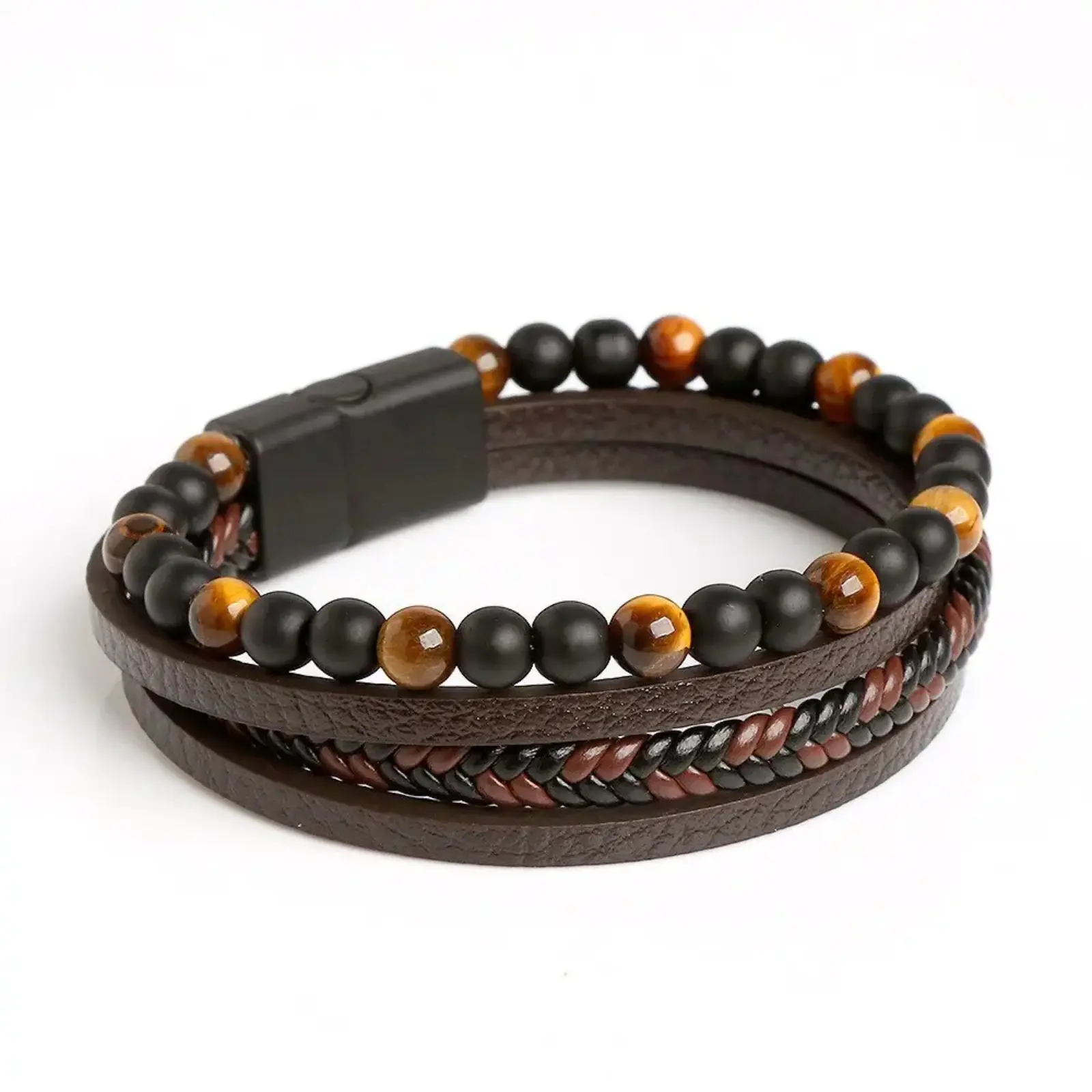 Men's Leather Bracelets 3-Pack, Classic Fashion Multi-Layer Wrap Cuff with Tiger Eye Beads, 21cm Birthday Gift for Him, Gemstone, Male, Multi-Layered, Leather Alloy