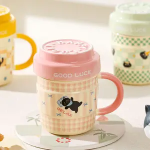 Cute Cat Mug with Lid, Large Capacity Ceramic Coffee Cup, Ideal for Home & Office Use, Stylish Drinkware for Cats Lovers