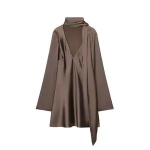 Satin Brown Scarf Mini Dress