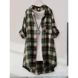Women's Casual Plaid Shirt Longline Loose Fit Collar Button-Up Shirt - Earthy Green & Brown Grid Pattern, Machine Washable All-Season Versatile Top, Relaxed Fit Clothing, Collar Design, No Stretch Fabric