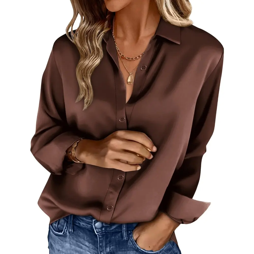 WIHOLL FASHION SwimWeek Womens Button Down Shirts Long Sleeve Tops Silk Satin Blouses Business Casual Fashion Outfit