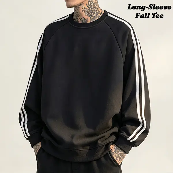 Men's Athletic Sweatshirt, Vintage Striped Crewneck Pullover, Soft Fabric Long Sleeve Top for Casual Layering, Layer, Menswear, Retro, Ribbed, Longsleeves, Round Neck, Men's Clothing, Crewneck Sweatshirt, Campus Outfits