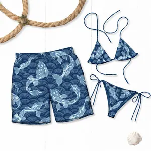 Koi Fish & Wave Print Bikini & Men's Swim Shorts Set, Japanese Style Marine Beachwear, Summer Vacation Outfit for Women & Men