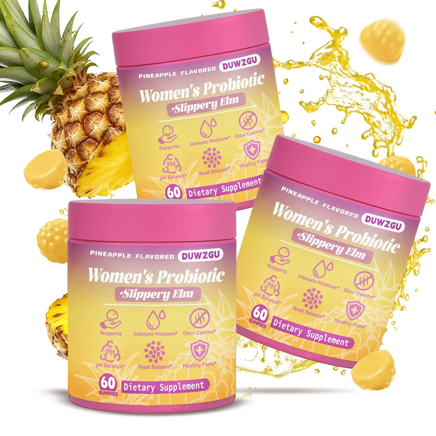 Feminine Probiotics Gummies - Pineapple Flavor, Supports pH Balance & Dryness Relief, Prebiotic & Probiotic Blend with Slippery Elm Healthcare Dietary