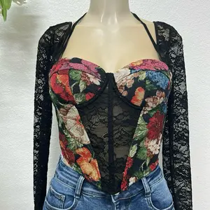 Dark Semi-Sheer Corset Top with Colorful Embroidered Flowers - Black Lace Sleeves