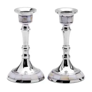 Copa Judaica Stainless-Steel Candlesticks w/Mother-of-Pearl