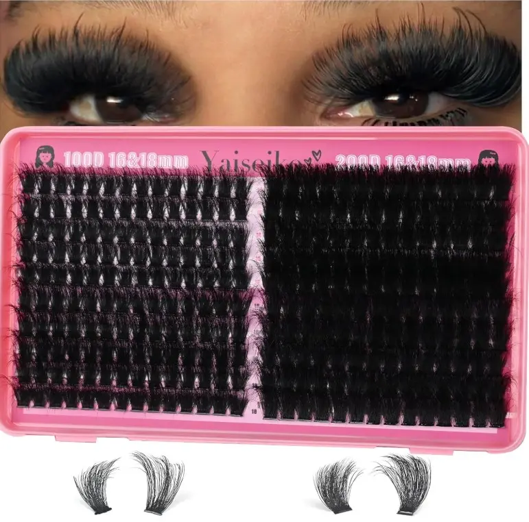 Lash Clusters 100D+200D Thick Eyelash Clusters 16 & 18mm Wispy Individual Mega Volume Lashes D Curl Cluster Eyelash Extensions 280Pcs DIY Lash Extension at Home, by Yaiseiko(Plant Fiber)c
