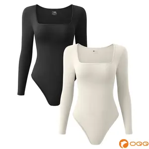 OQQ Womens 2 Piece Bodysuits Long Sleeve Square Neck Stretch Fitted Bodysuits Basic