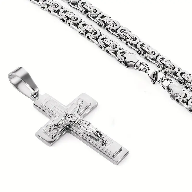 Men's Stainless Steel Triple Cross Pendant Necklace with U-Shaped Flat Link Chain - Golden-Tone Religious Jewelry for Casual & Formal Wear Men's Stainless Steel Triple Cross Pendant Necklace with U-Shaped Flat Link Chain - Golden-Tone Religious Jewelry for Casual & Formal Wear
