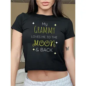 1pc of Slim Fit "My Grammy Loves Me to The Moon And Back" Graphic Sweatshirt - Adorable Lettering Pullover, Short Casual Sweater for Mother'S Day Gift from Grandma, Machine Washable, Leggings, Skinny, Streetwear,summervibes