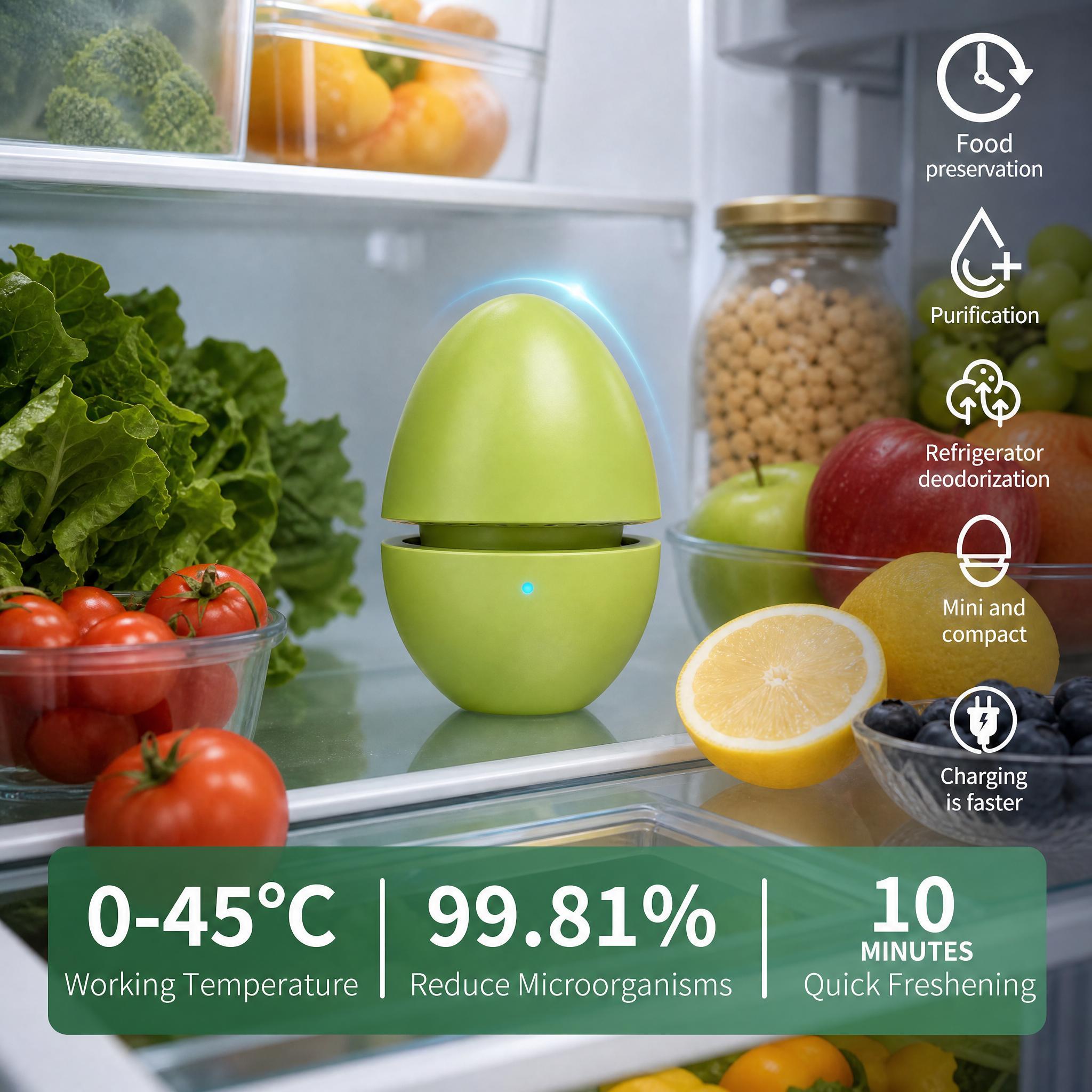 1 x Fridge Deodorizer Egg - USB Rechargeable Portable Purifier with Safe Food-Grade ABS Shell, Safety Design, USB Charging Cable, Original Gift Box, Eco-Friendly Compact Size, Extends Food Freshness, Eliminates Cross Smells for Produce Dairy Leftovers