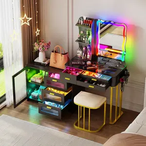 RGB  Desk,     Lights Mirror, LED  Table Set  Charging Station,Glass Top  Desk  Body Sensor &Drawers&Shelves, Dresser For The Holiday Gifts Vanity with makeup wooden