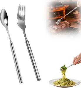 Extra-Long Extendable Cutlery-Fork Spoon- Durable Stainless Steel Cutlery 8.7 to 25.4 inches for Fruit, Dessert, BBQ