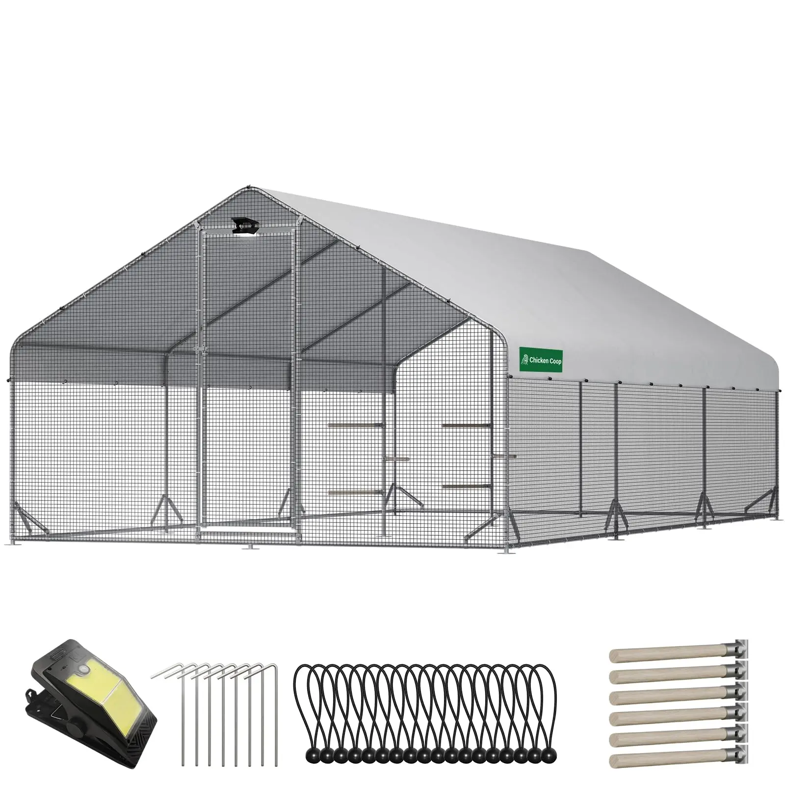 CHIKENCOOP Large Walk-in Predator-Proof Metal Chicken Coop with 3 Rooms, Chicken Run, Hardware Cloth, Solar Outdoor Lights, Water-Resistant UV-Resistant Cover, Outdoor Poultry Cage for Farm Use (Ideal for Amazon Shoppers)