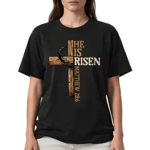 Unisex He is Risen Graphic T-Shirt, Short-Sleeve Christian Faith Tee in Soft 100% Cotton with Matthew 28:6 Bible Verse, Tshirt, Shortsleeve