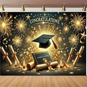 1pc 2D Flat Black Golden Graduation Theme Background Banner - Golden Fireworks Pattern, Black Mortarboard Design, Polyester Material - inch/inch/inch - Graduation Ceremonies
